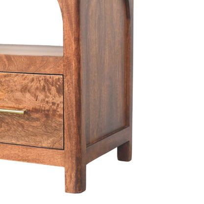 Arc-line media console in solid mango wood, Roasted Almond finish – brass handle and leg detail, lower right