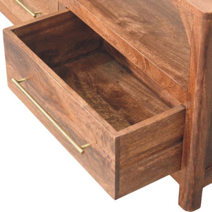 Arc-line media console in solid mango wood, Roasted Almond finish – drawer open, front right elevated view