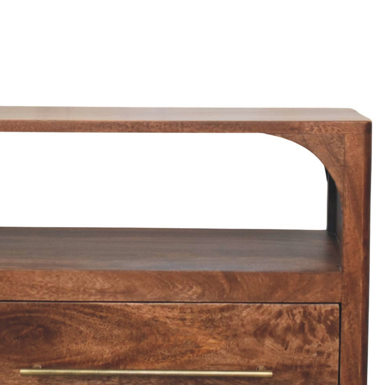 Arc-line media console in solid mango wood, Roasted Almond finish – front right close-up