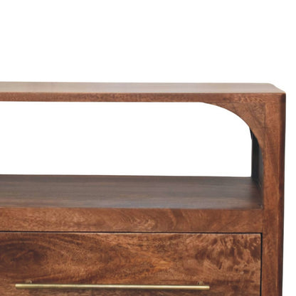 Arc-line media console in solid mango wood, Roasted Almond finish – front right close-up