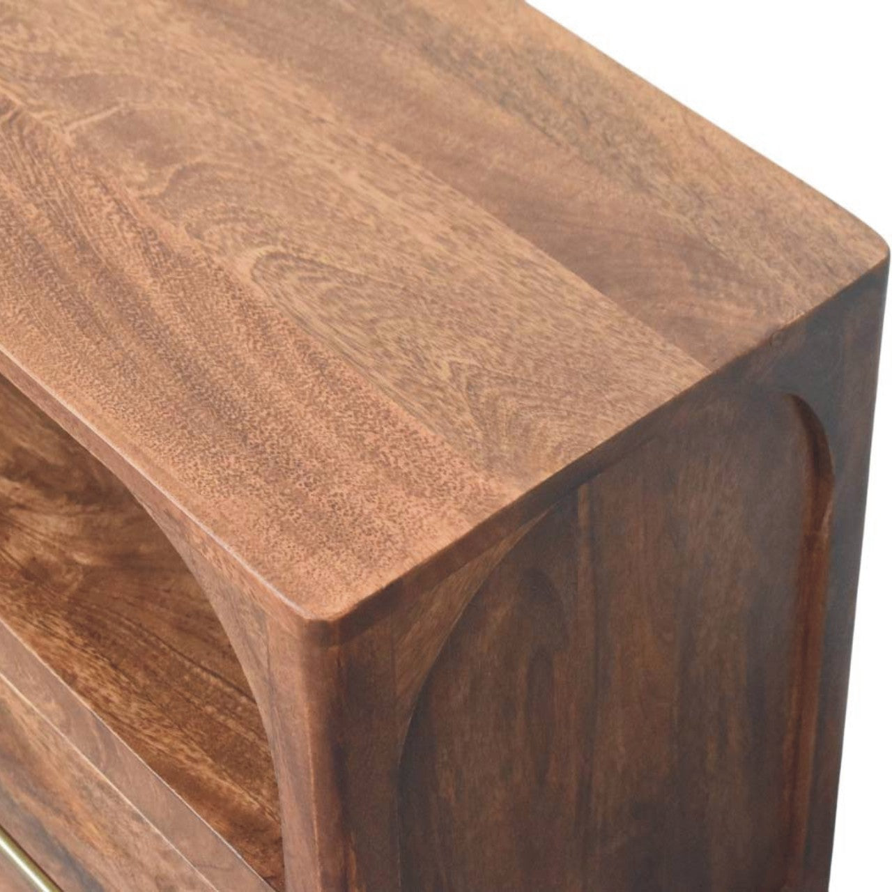 Arc-line media console in solid mango wood, Roasted Almond finish – front right elevated close-up
