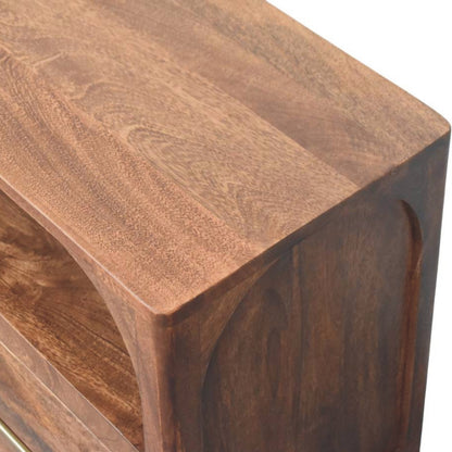 Arc-line media console in solid mango wood, Roasted Almond finish – front right elevated close-up