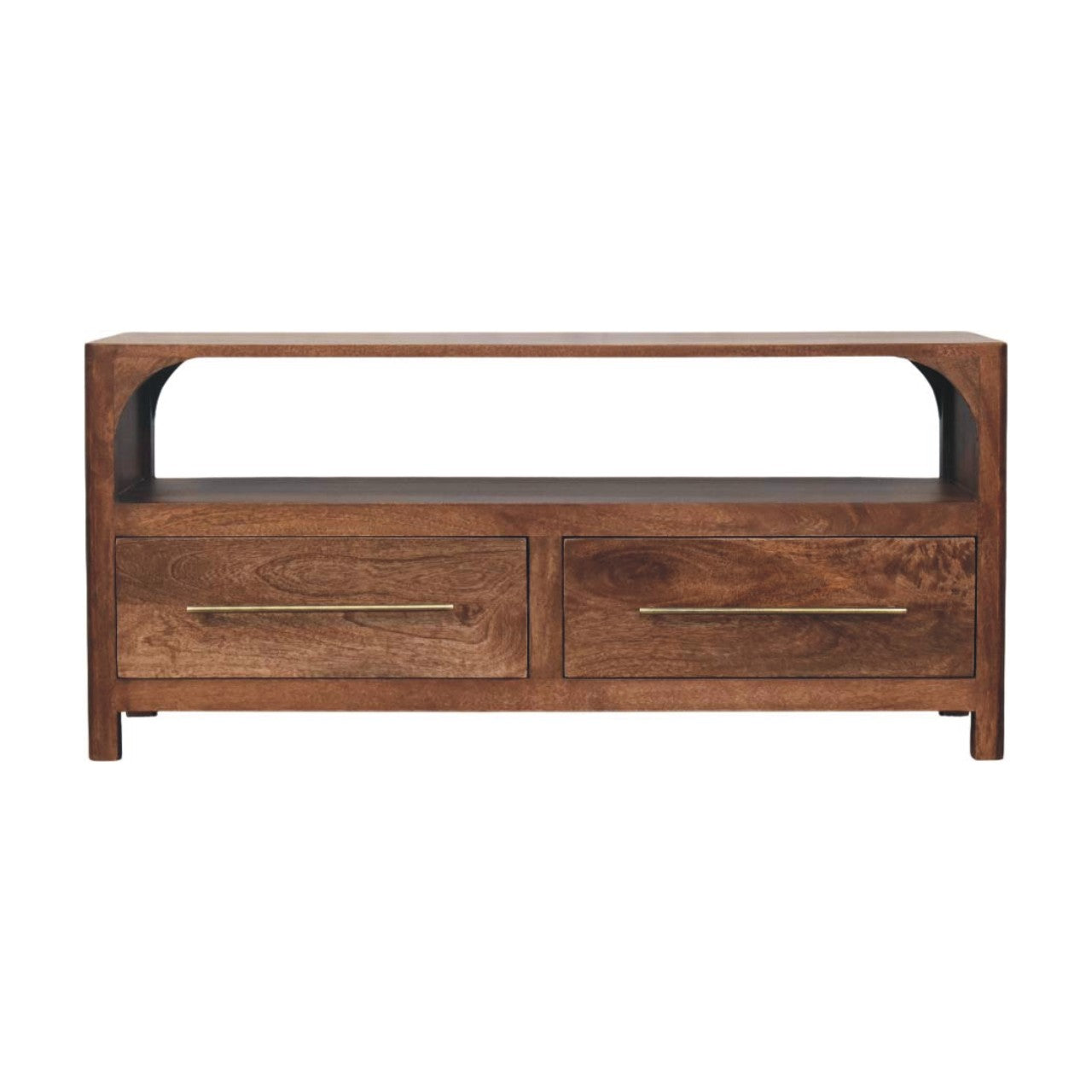 Arc-line media console in solid mango wood, Roasted Almond finish – front view