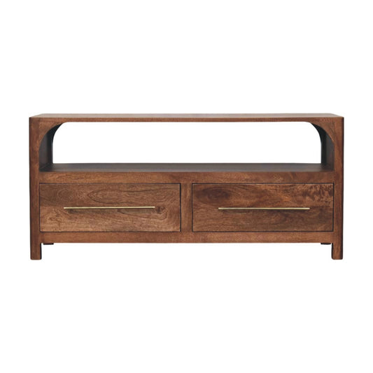 Arc-line media console in solid mango wood, Roasted Almond finish – front view