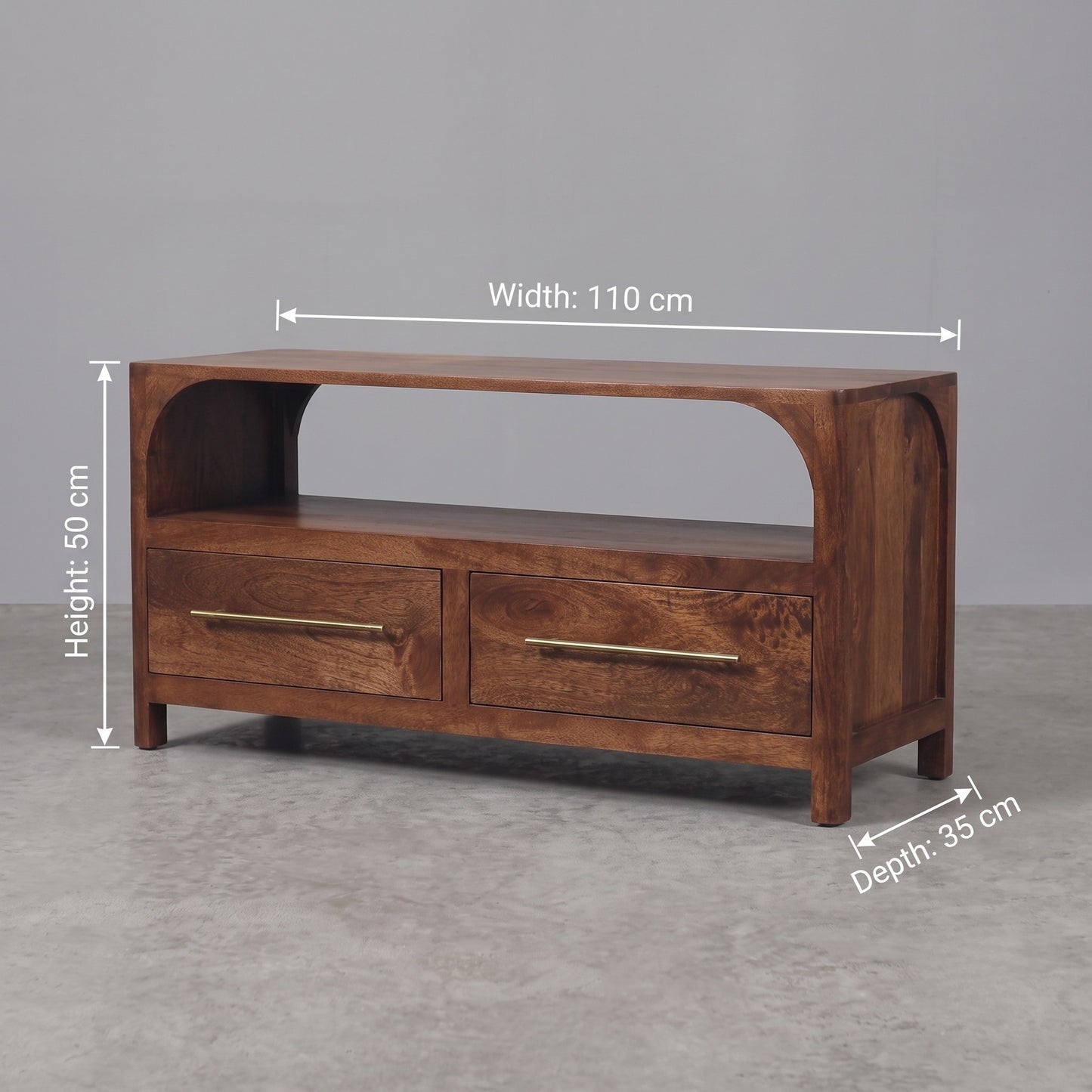 A wooden TV stand or console table with two drawers and an open shelf, shown with dimension lines indicating width 110 cm, height 50 cm, and depth 35 cm against a gray studio background.