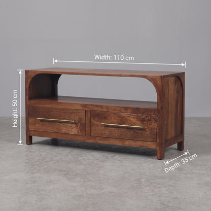 A wooden TV stand or console table with two drawers and an open shelf, shown with dimension lines indicating width 110 cm, height 50 cm, and depth 35 cm against a gray studio background.