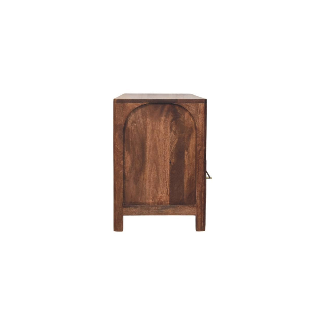 Arc-line media console in solid mango wood, Roasted Almond finish – side view