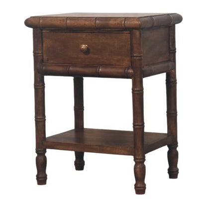 Wooden nightstand with a drawer and shelf on a white background