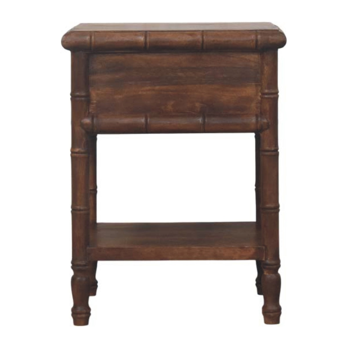 Wooden nightstand with a single drawer and shelf on a white background