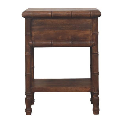 Wooden nightstand with a single drawer and shelf on a white background