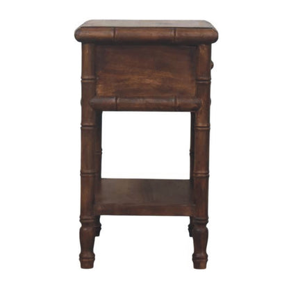 Wooden nightstand with a bamboo-style design on a white background