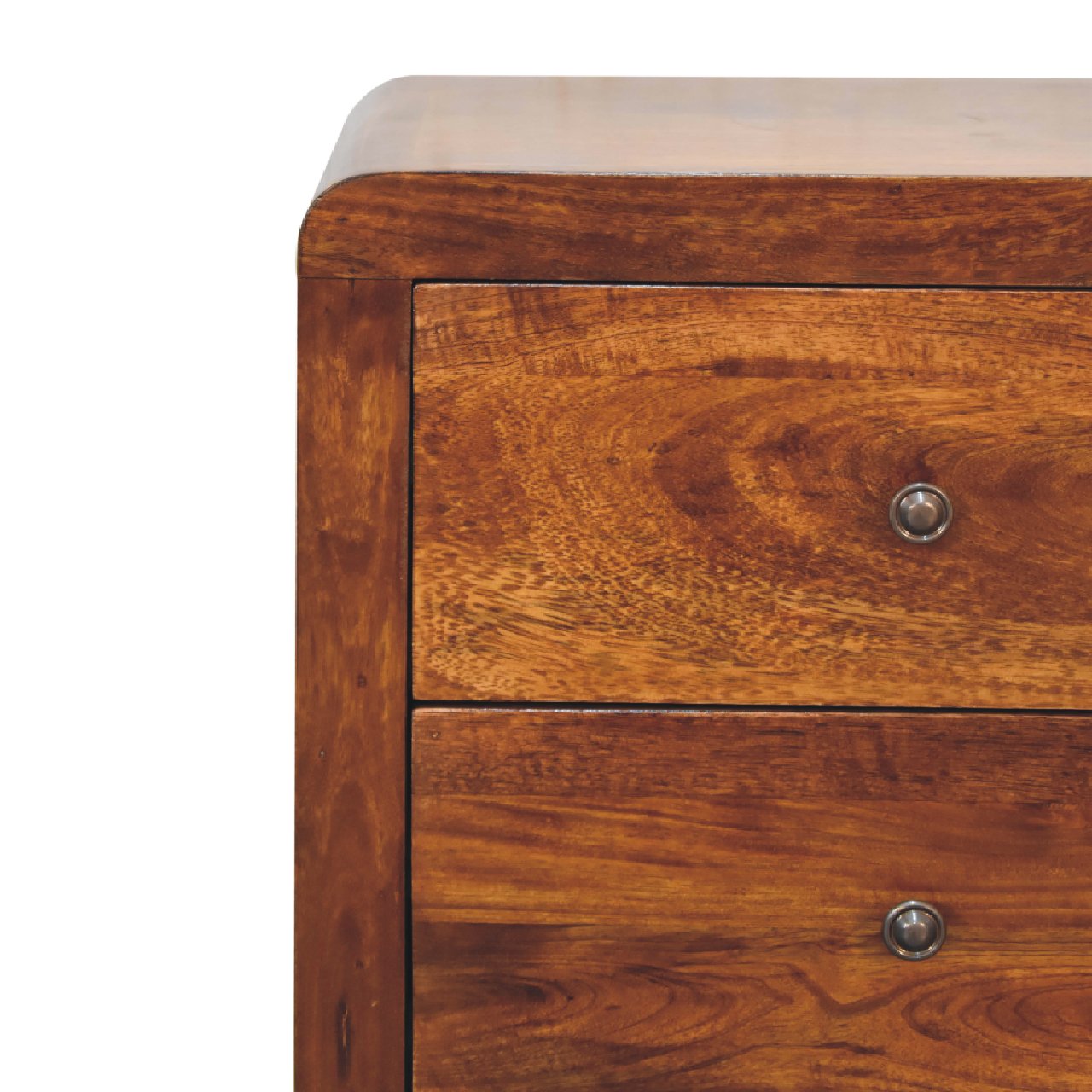Close front left angle of Bedside Table showing brass knobs and chestnut finish detail