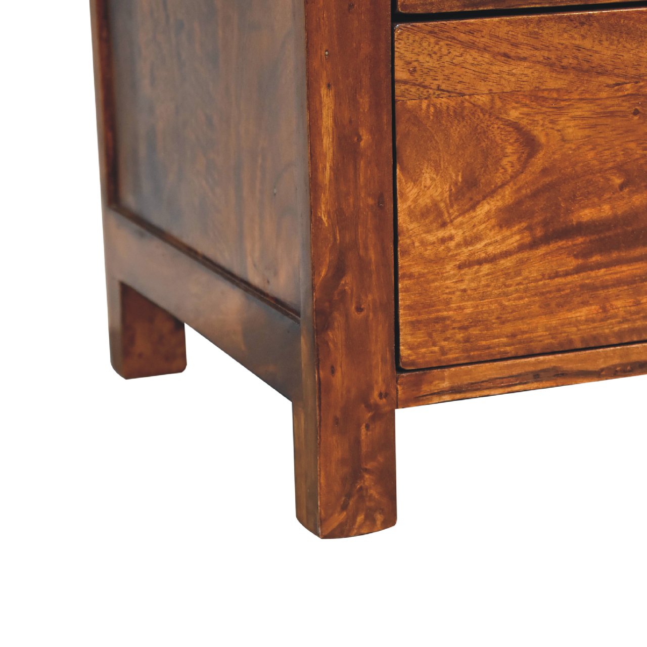 Lower left angle of Bedside Table showing base and rounded corner edges