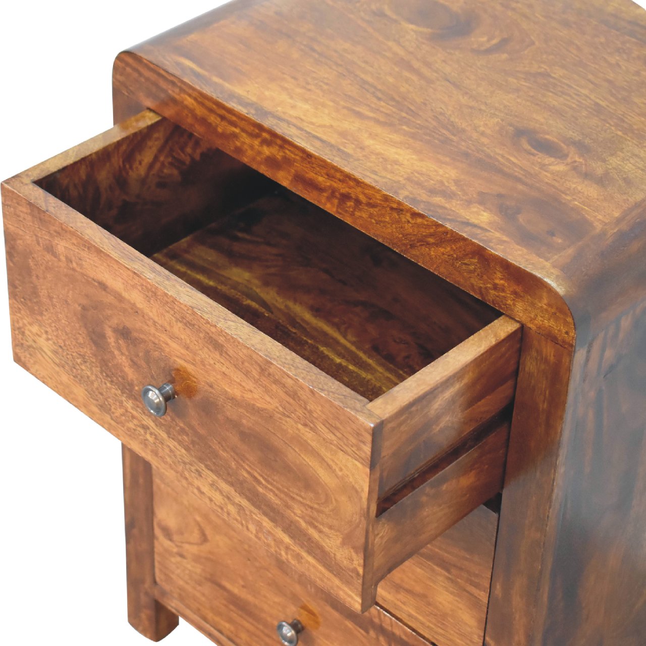 Close upper right angle of Bedside Table with drawer open showing spacious interior storage