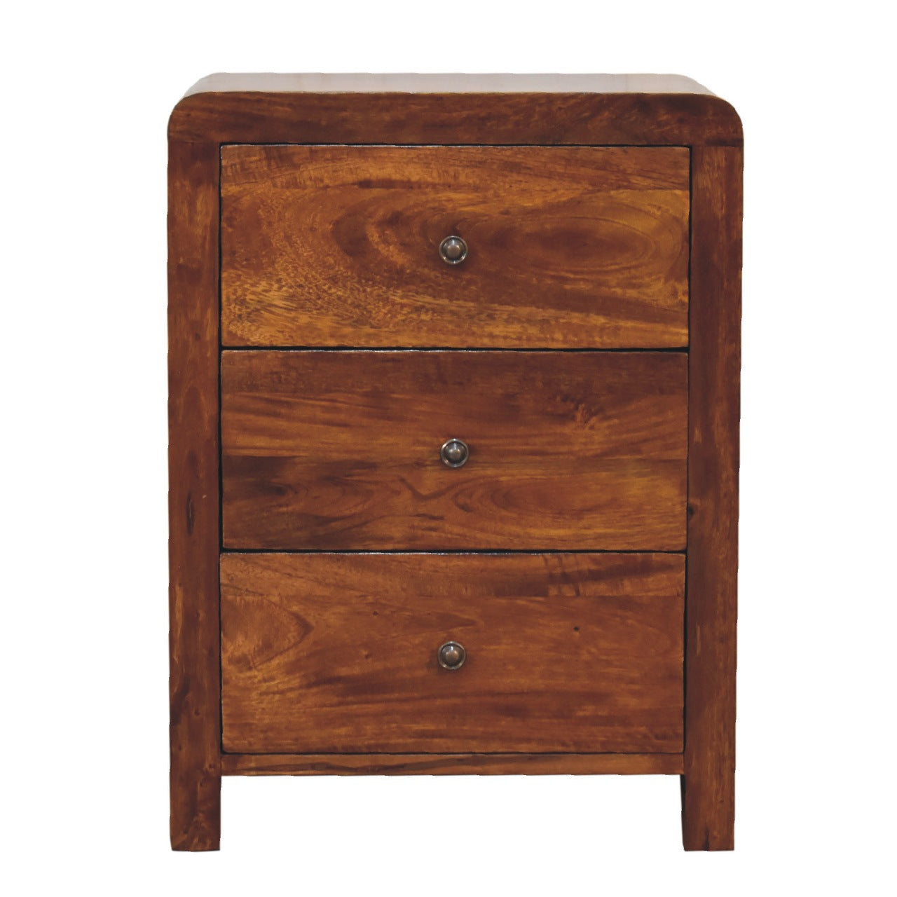 Front view of Bedside Table showing 3 drawers with brass knobs in chestnut finish