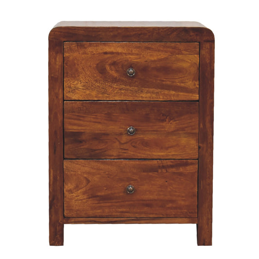Front view of Bedside Table showing 3 drawers with brass knobs in chestnut finish