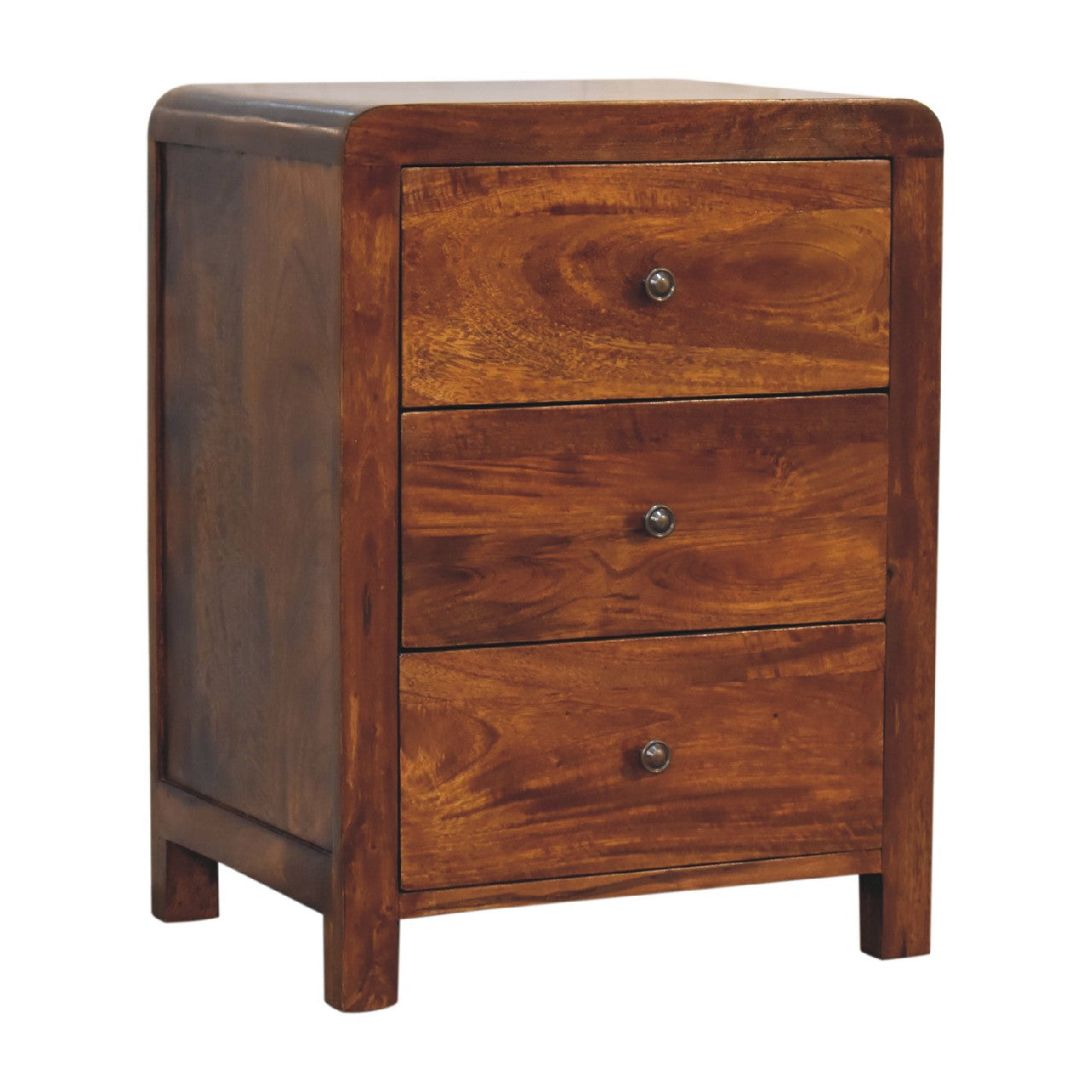 Left side view of Bedside Table in solid mango wood with chestnut finish