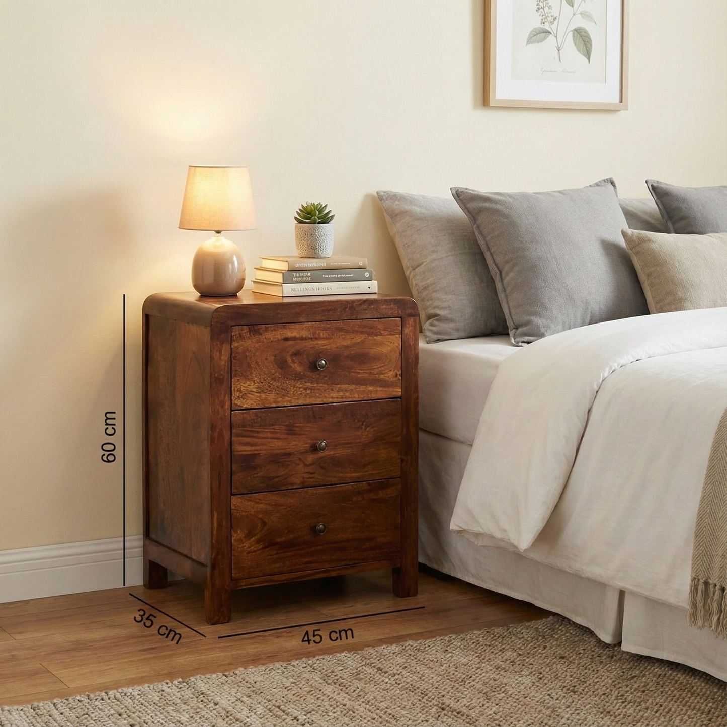 Bedside Table with dimensions: 60 cm height, 45 cm width, 35 cm depth