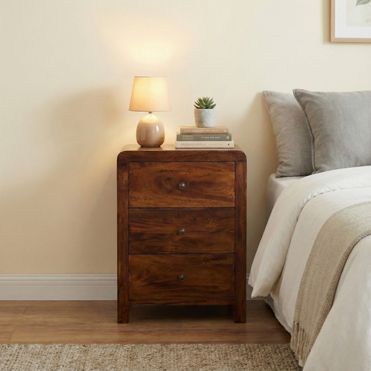 Bedside Table in chestnut finish styled in a bedroom interior
