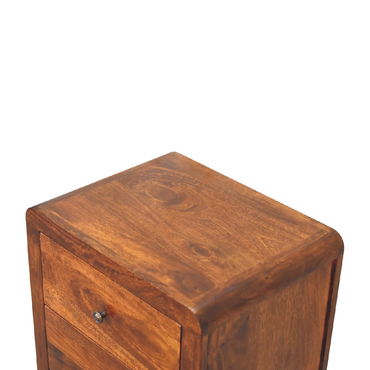 Top-down view of Bedside Table showing mango wood surface and chestnut finish