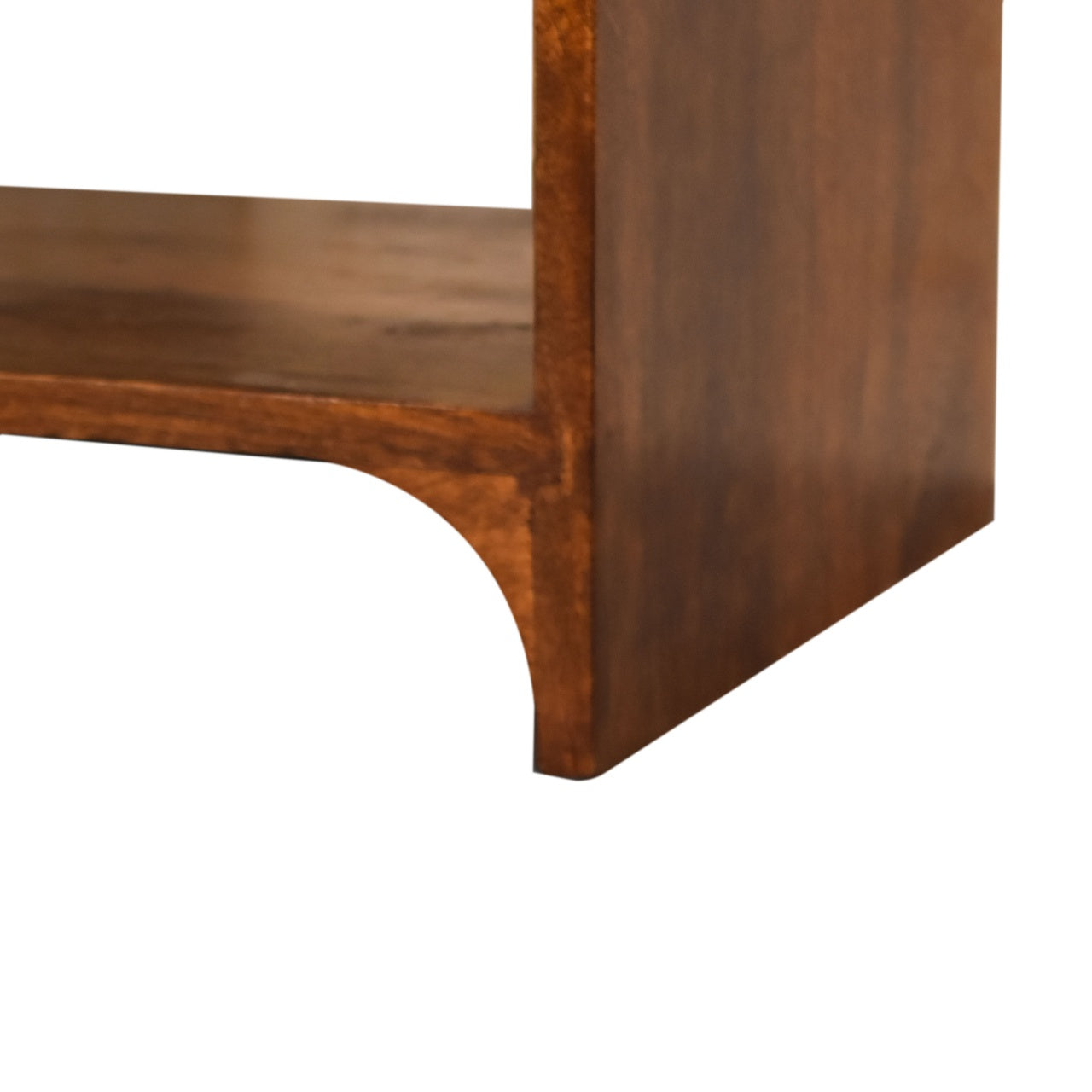 Lower right angle detail of Bedside Table showing details and open shelf