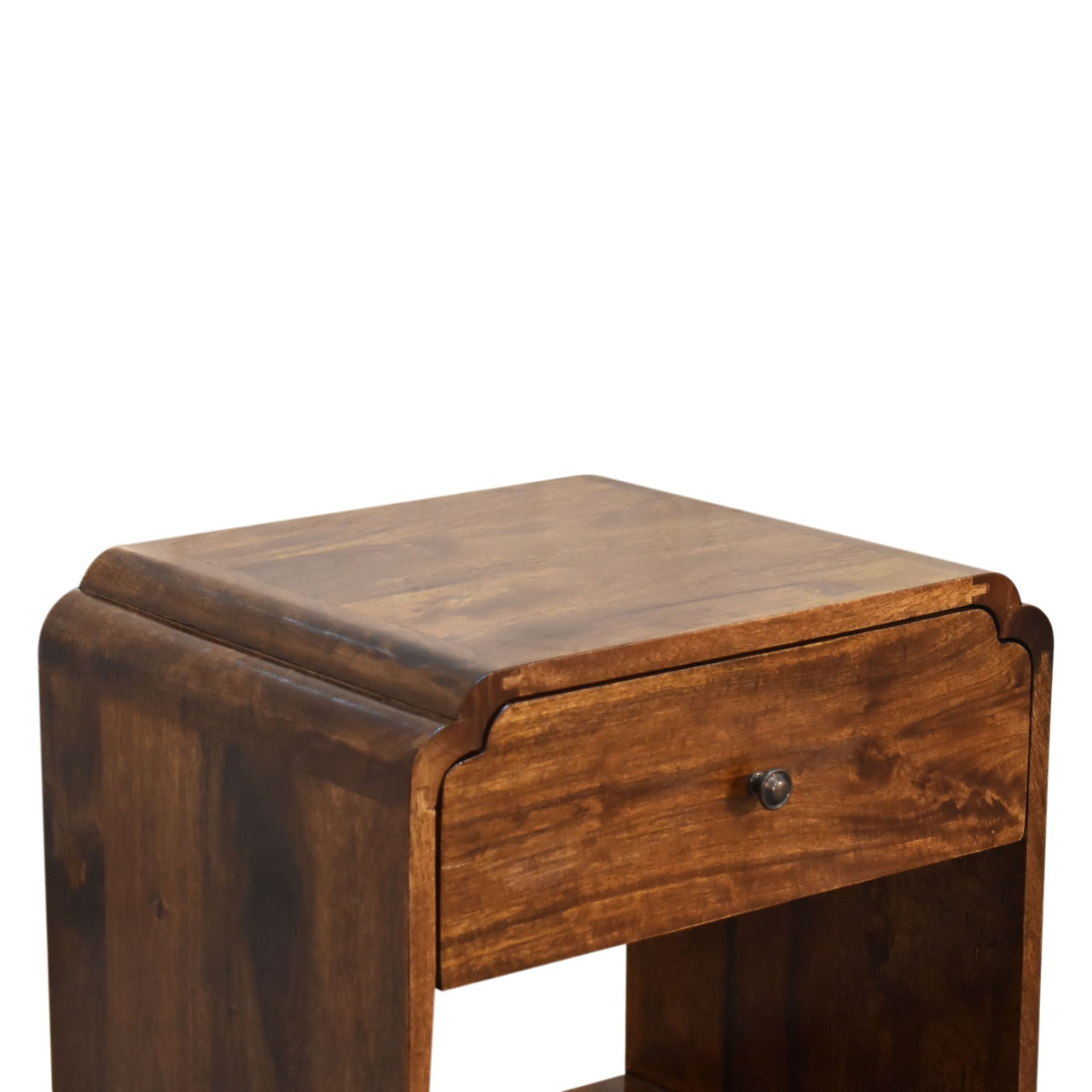 Upper left front angle view of Bedside Table showing top surface and drawer