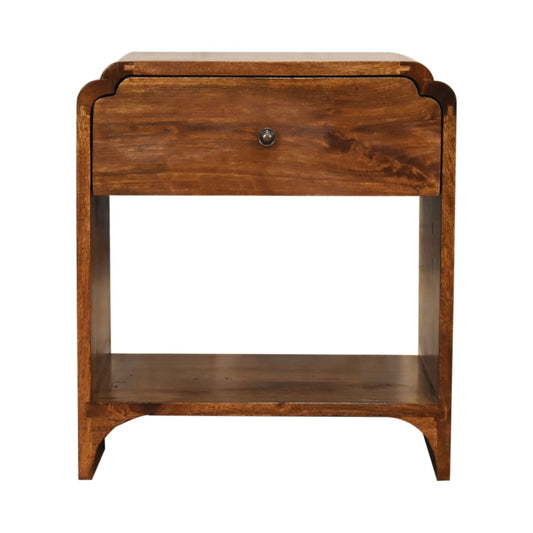 Front view of Bedside Table in solid mango wood with chestnut finish
