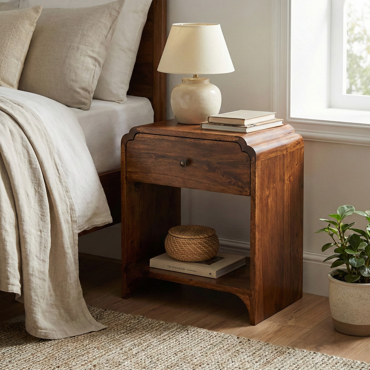 Bedside Table in solid mango wood with chestnut finish styled in a bedroom setting