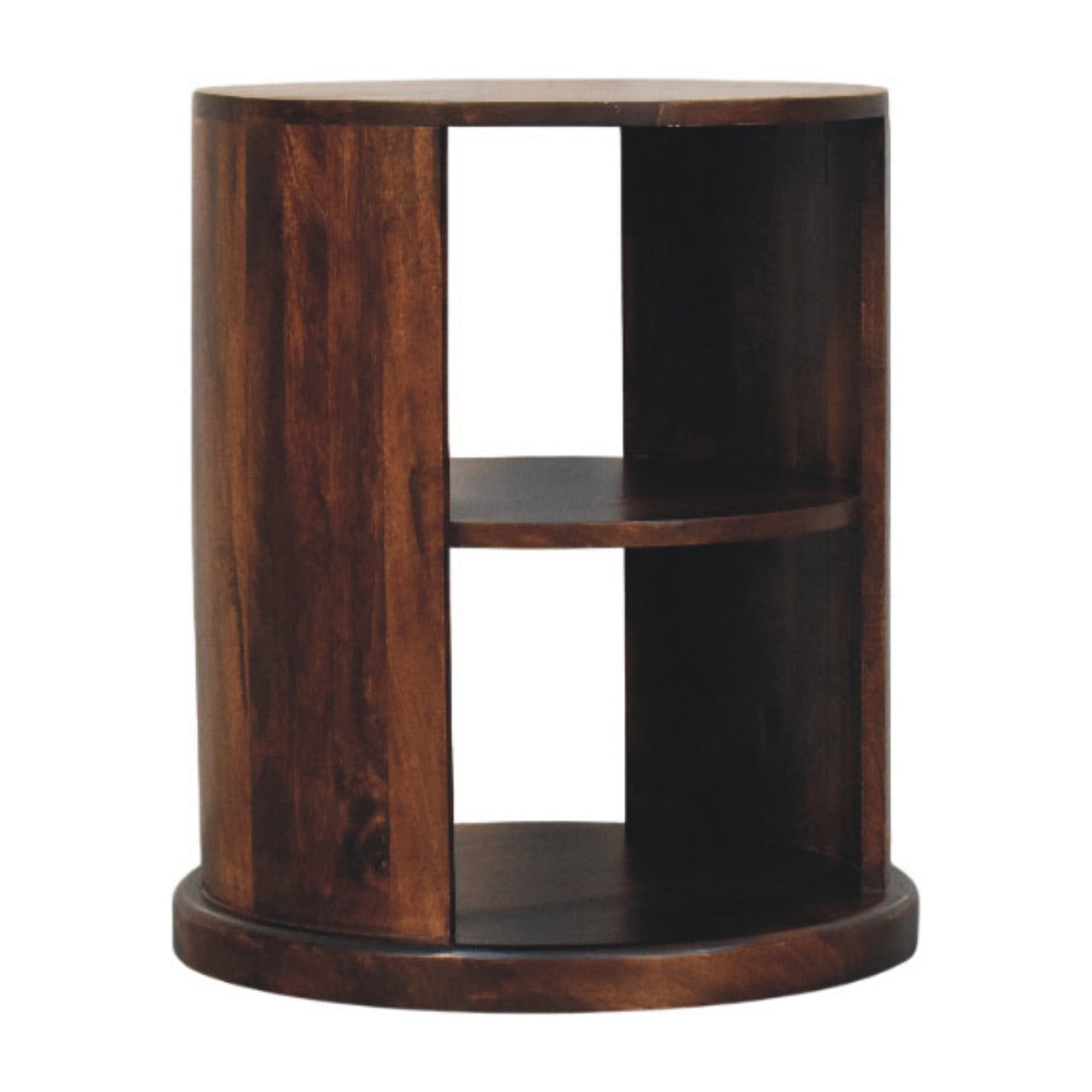 Wooden side table with three shelves on a white background