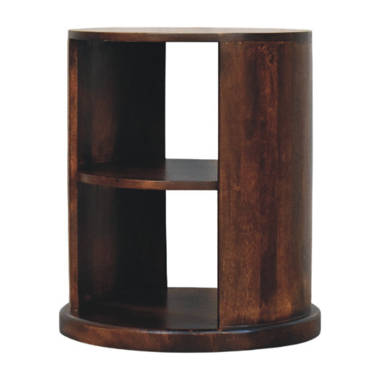 Wooden cylindrical side table with two shelves on a white background