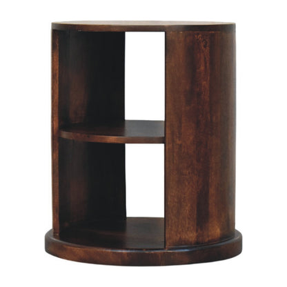 Wooden cylindrical side table with two shelves on a white background