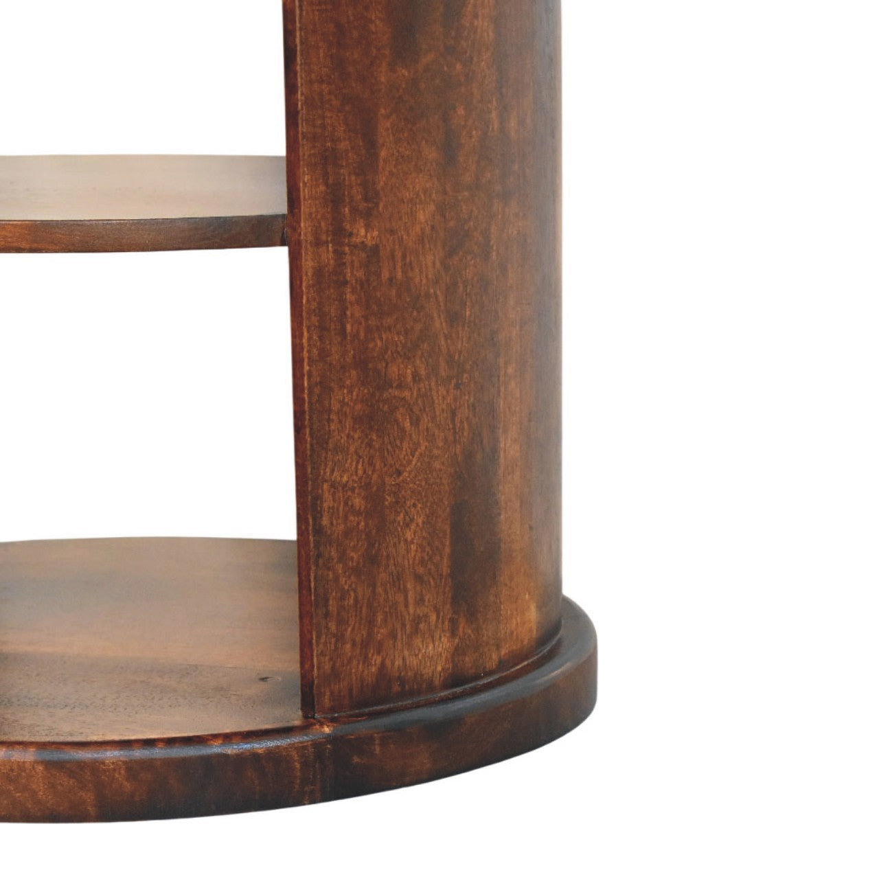 Close-up of a wooden side table with two shelves on a white background