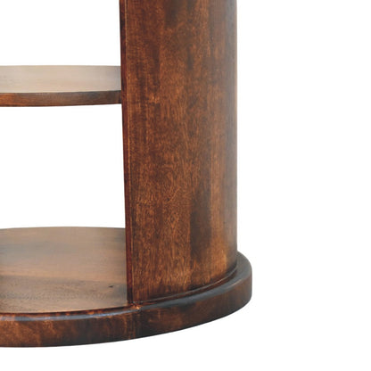 Close-up of a wooden side table with two shelves on a white background
