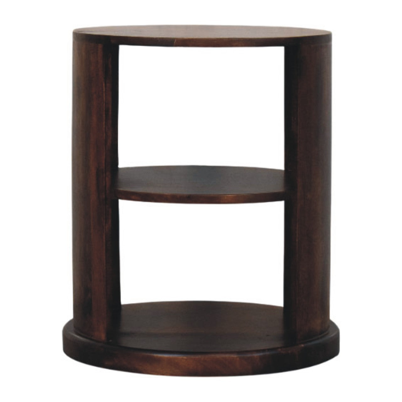 Round wooden side table with two shelves on a white background