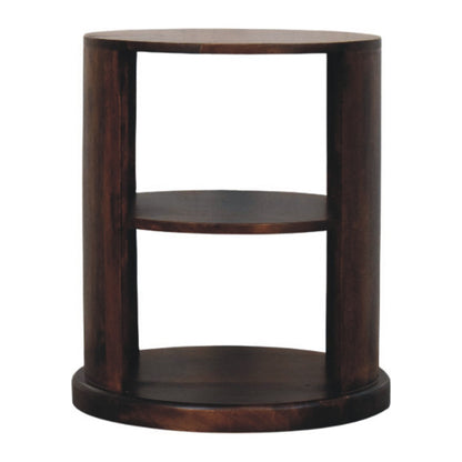 Round wooden side table with two shelves on a white background