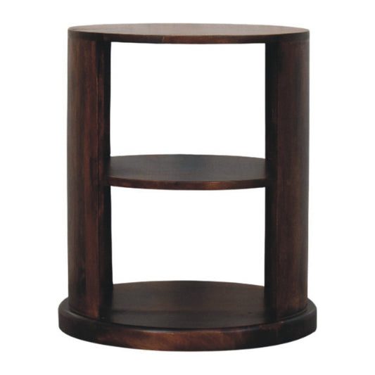 Round wooden side table with two shelves on a white background