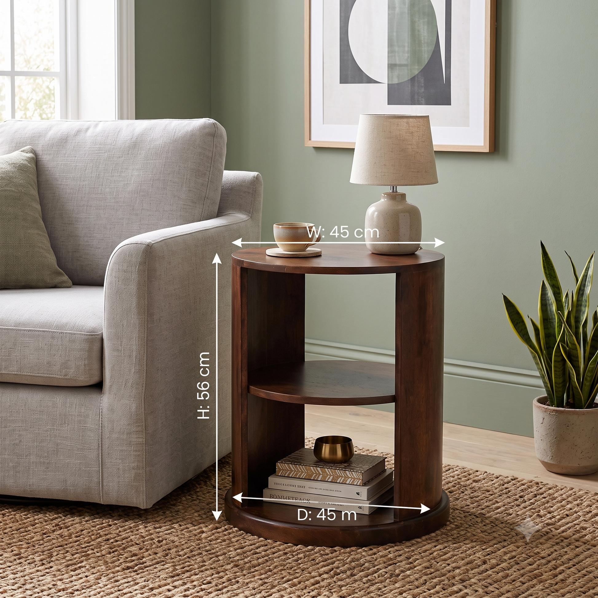 A dark brown wooden side table shown in a living room setting next to a gray armchair, with overlaid dimension lines indicating a width of 45 cm, height of 56 cm, and depth of 45 cm.