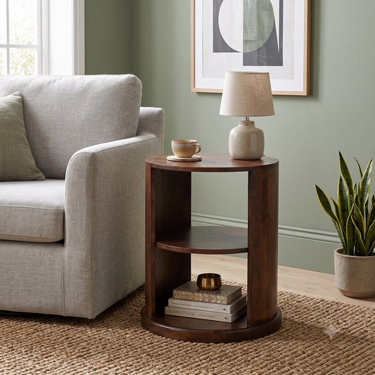 A round dark brown wooden end table with two shelves, styled in a living room next to a light gray armchair. The table holds a small ceramic lamp and a cup, with books on the bottom shelf.