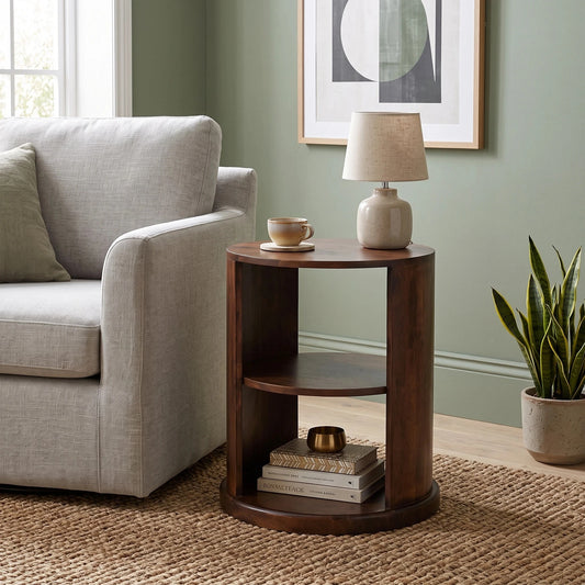 A round dark brown wooden end table with two shelves, styled in a living room next to a light grey armchair. The table holds a small ceramic lamp and a cup, with books on the bottom shelf.
