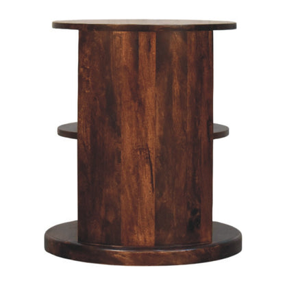 Wooden side table with a cylindrical design on a white background