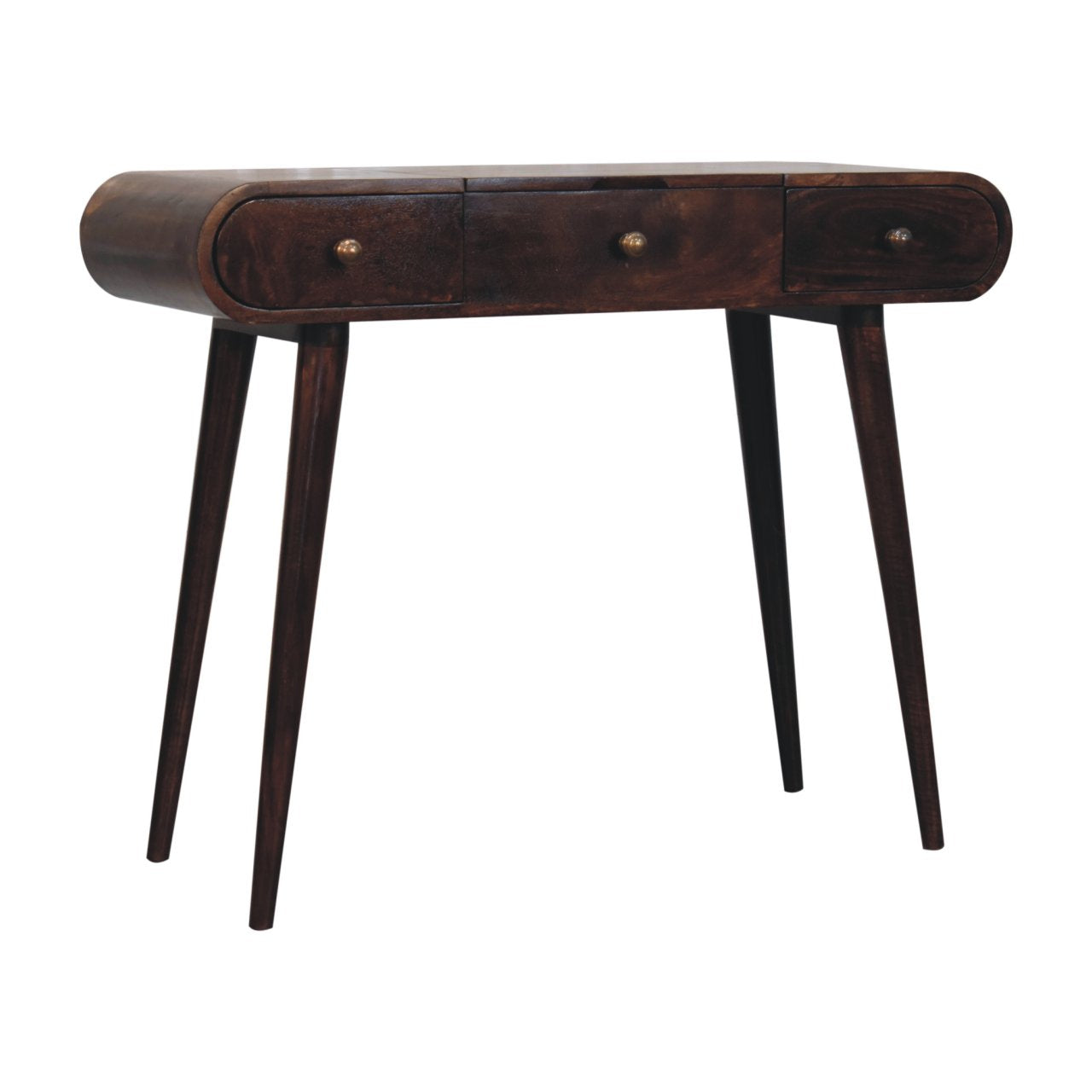 Wooden vanity table with three drawers on a white background