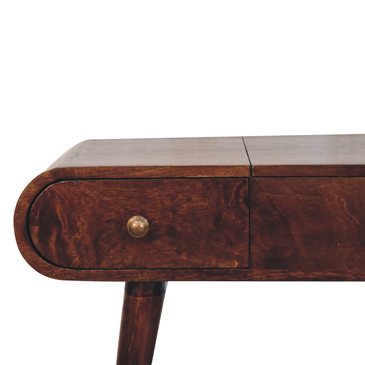 Wooden vanity table with a drawer and metallic handle on a white background