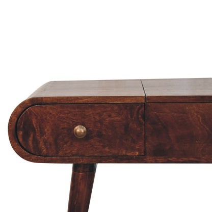 Wooden vanity table with a drawer and metallic handle on a white background