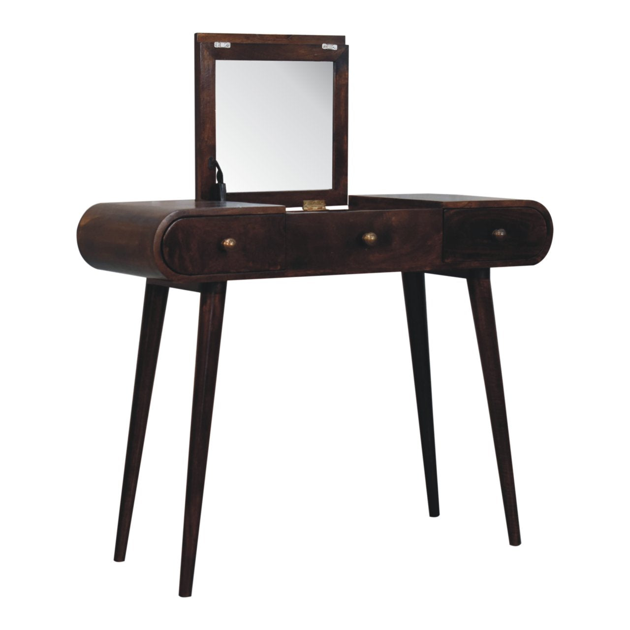 Wooden vanity table with a mirror on a white background