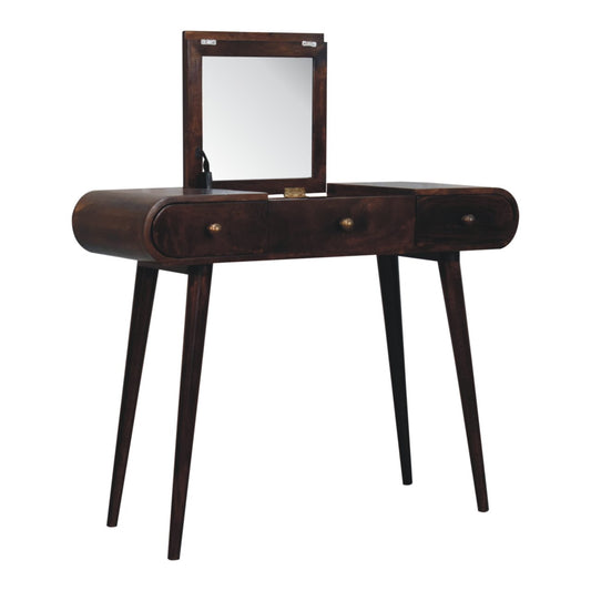 Wooden vanity table with a mirror on a white background