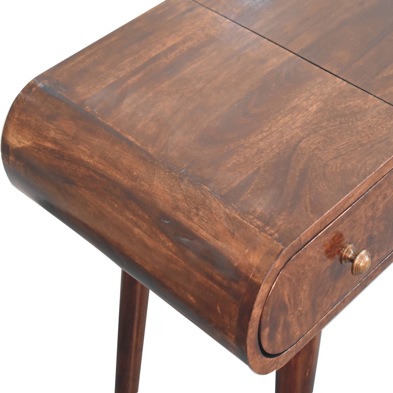 Wooden vanity table with a drawer on a white background