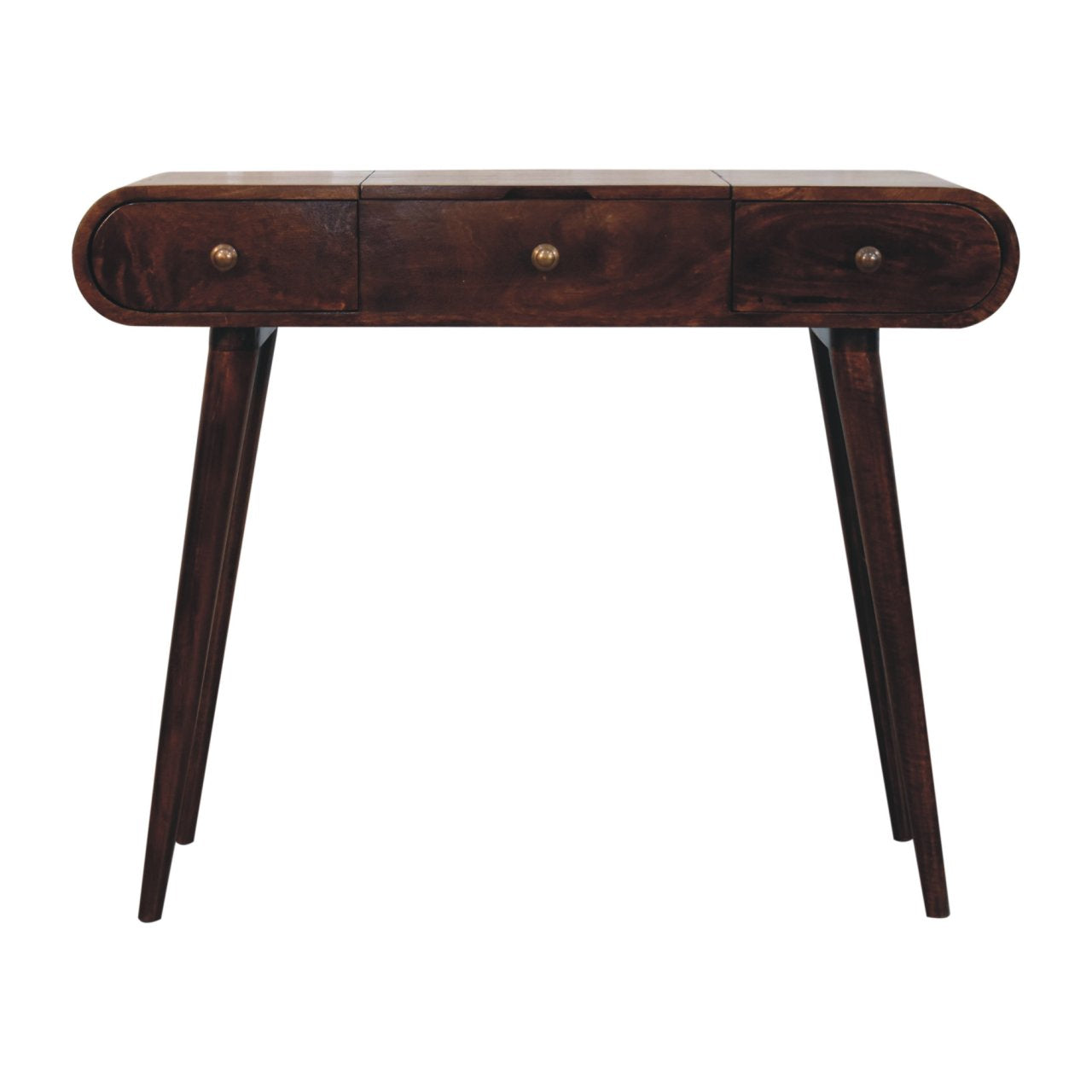 Wooden vanity table with a dark finish on a white background