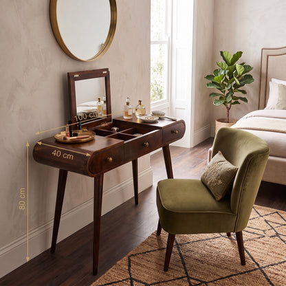A dark wood vanity table with an integrated mirror and multiple storage compartments, styled in a bedroom setting next to an olive green armchair. Yellow dimension lines on the left indicate measurements of 40 cm width and 80 cm height.