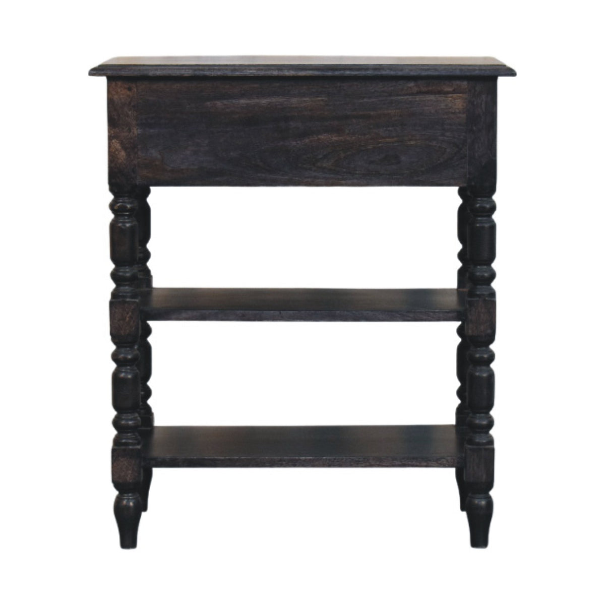 Back view of a carbon ash solid mango wood side table, showing the solid wood back panel behind the top drawer space.