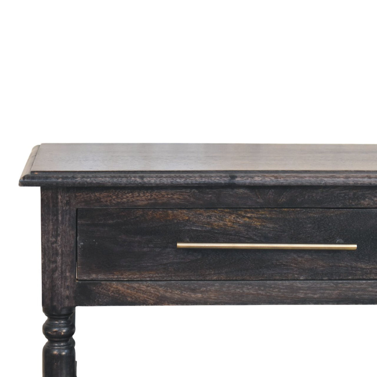 Close-up detail of the top drawer on a carbon ash side table, showcasing the dark wood grain and a sleek brass bar handle.